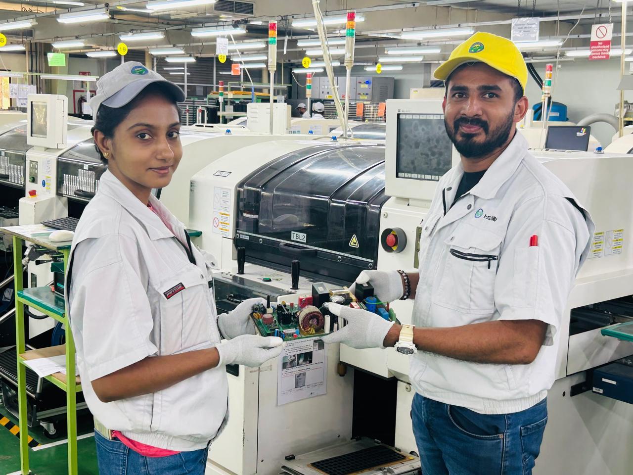 TOS Lanka team of skilled technicians working on the electronics manufacturing floor at Biyagama factory