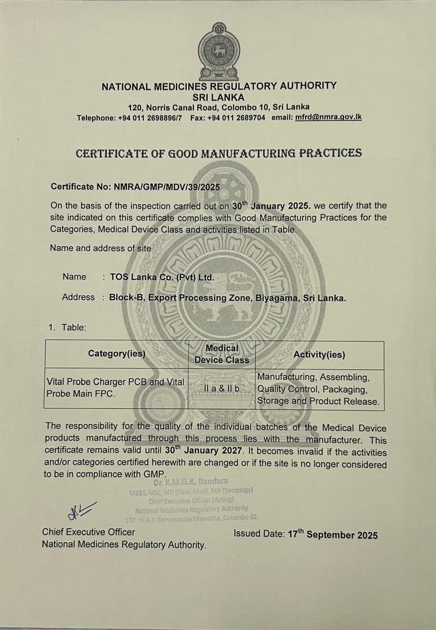 NMRA (National Medicines Regulatory Authority) certificate approving TOS Lanka for medical device manufacturing