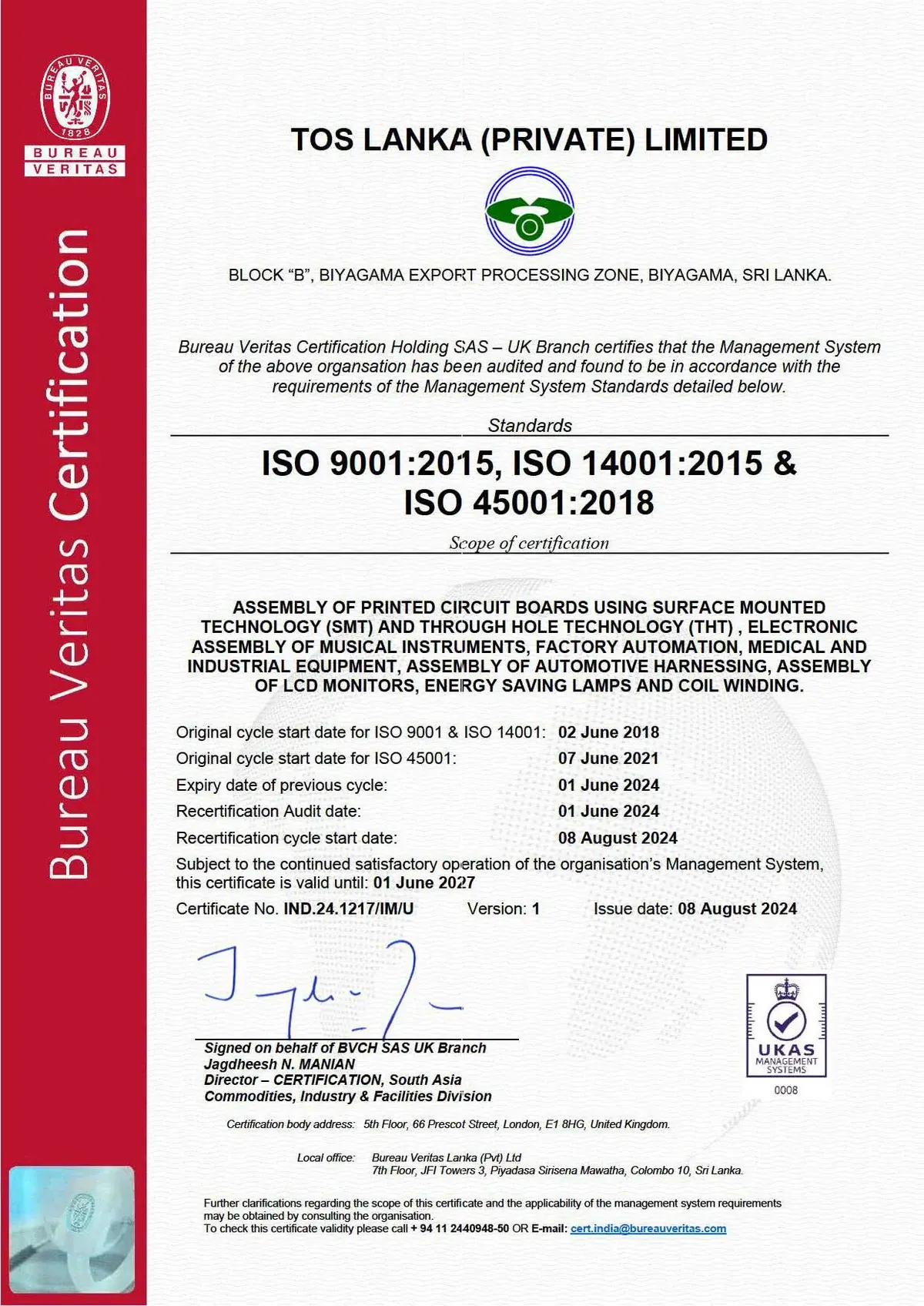 TOS Lanka ISO 9001, ISO 14001, ISO 45001 certification documents issued by Bureau Veritas